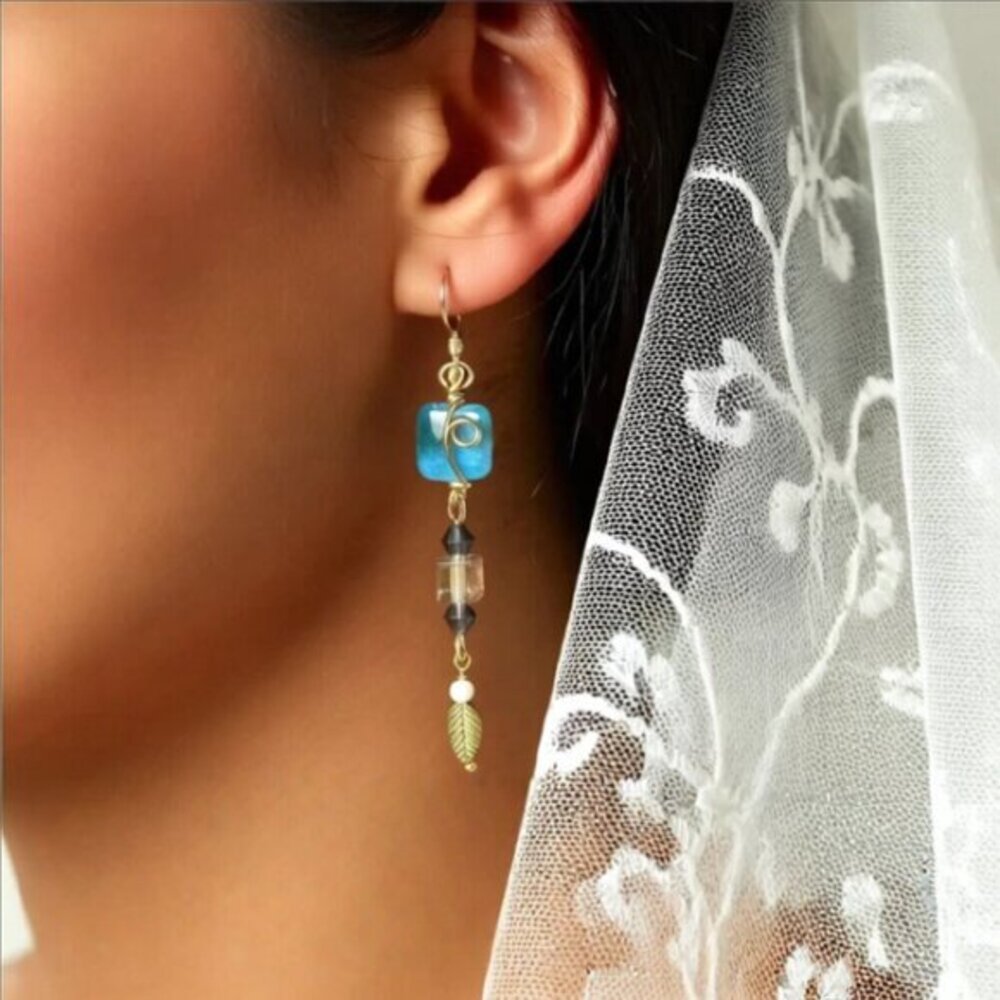 Wire Wrapped & Uniquely Handmade! Long Dainty Apatite & Crystal Dangle Earrings